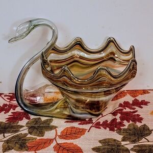 Large Hand Blown Art Glass Swan Bowl Sculptural Centerpiece 90s Vintage